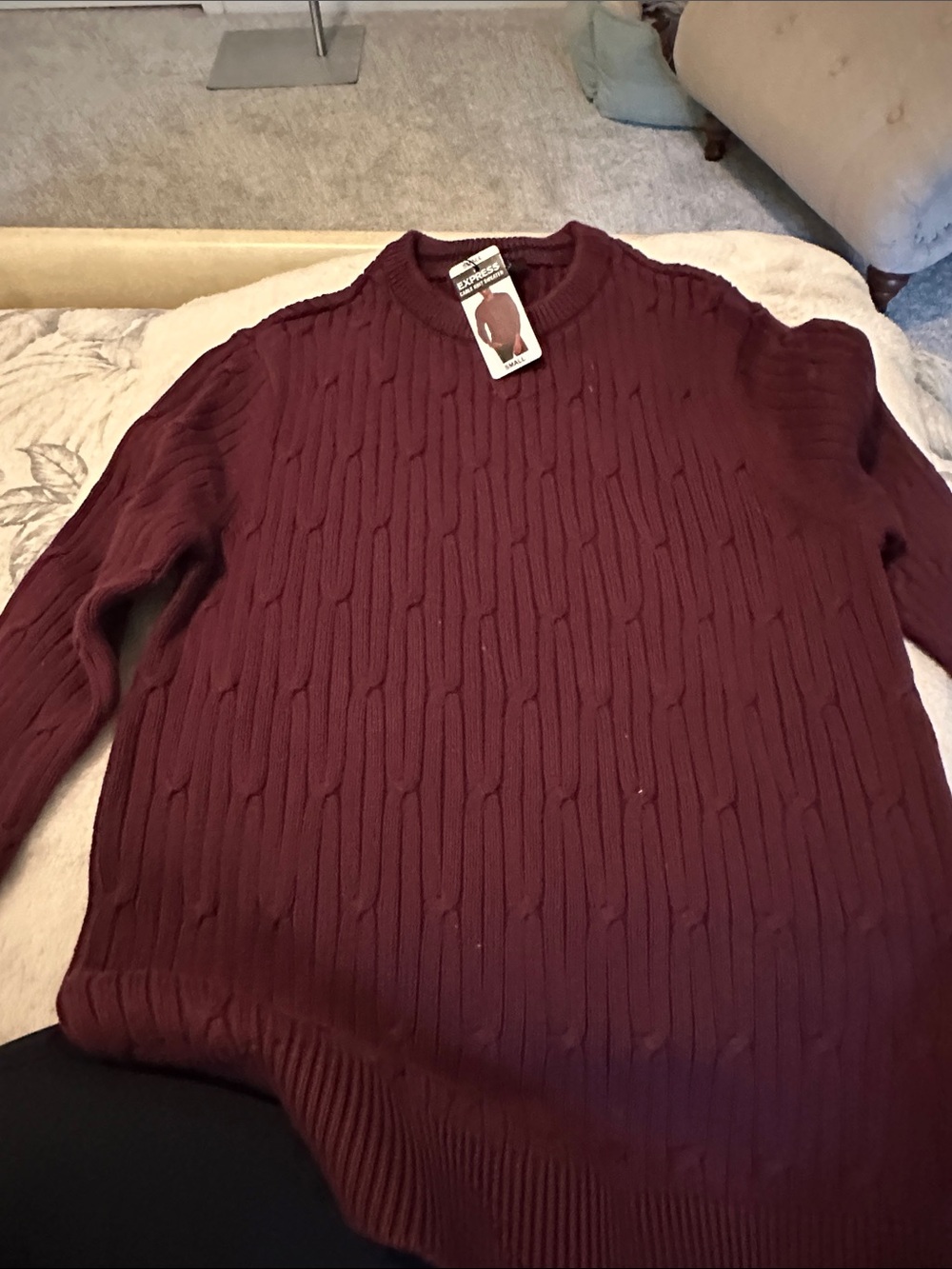 Express Men's Cable Crewneck Sweater - Burgundy